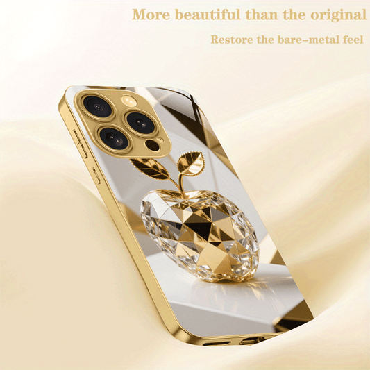 Coque en verre trempé en métal doré à motif pomme dorée, IPHONE - Topdecheztop.fr