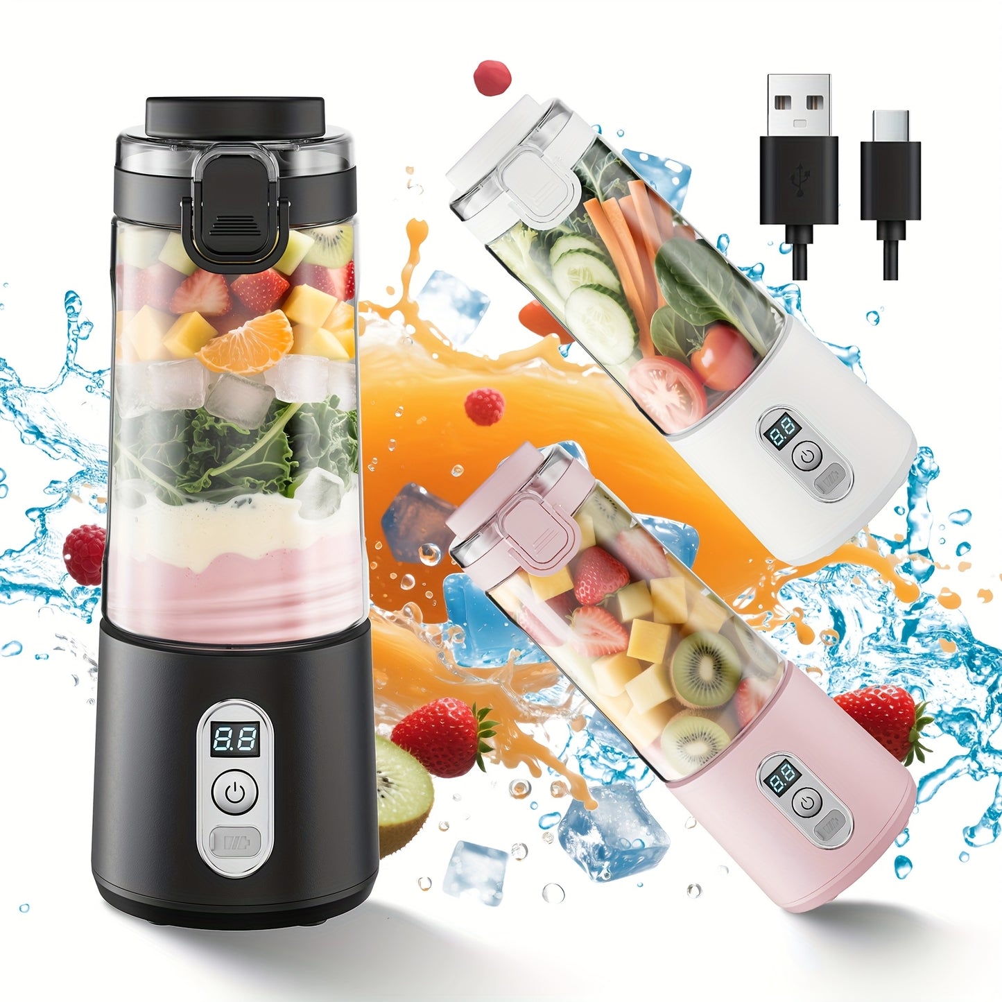 LALAYUAN USB-Powered Portable Blender & Juicer with Digital Timer, High-Speed Ice Crushing, One-Tap Lid, 1300mAh Battery, 6-Blade Stainless Steel, USB-C Charging, Compact Blender for Smoothies, Protein Shakes, Gym, Travel, Of - Topdecheztop.fr