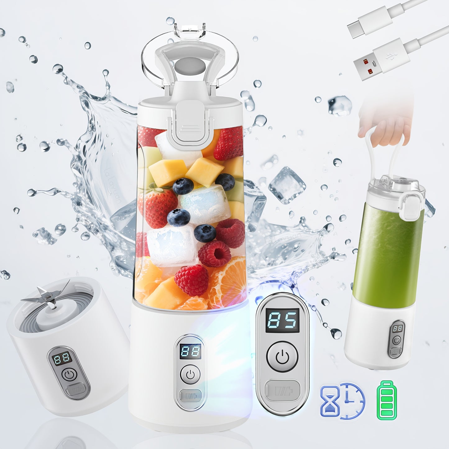 LALAYUAN USB-Powered Portable Blender & Juicer with Digital Timer, High-Speed Ice Crushing, One-Tap Lid, 1300mAh Battery, 6-Blade Stainless Steel, USB-C Charging, Compact Blender for Smoothies, Protein Shakes, Gym, Travel, Of - Topdecheztop.fr