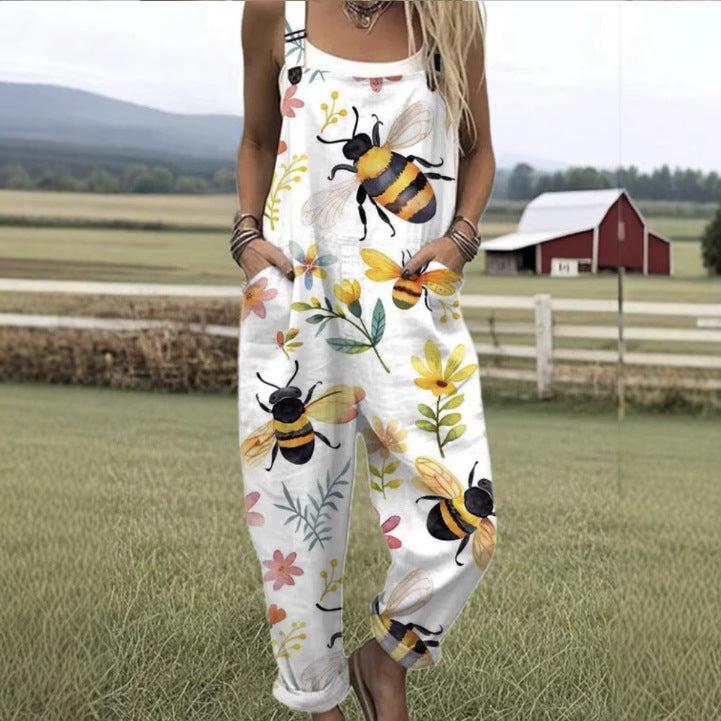 Pantalon à bretelles décontracté à boutons imprimés en 3D numérique