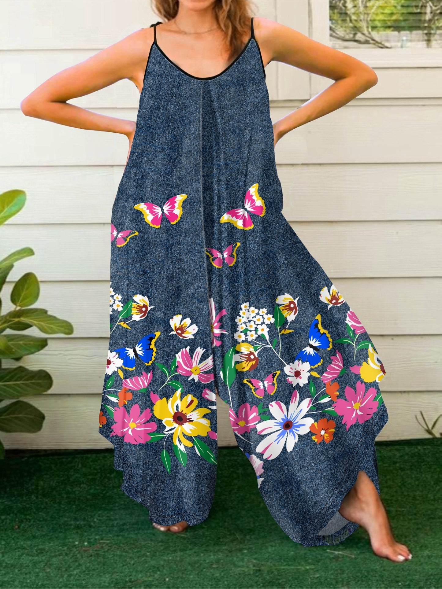 Combinaison grande taille à bretelles, style décontracté, imprimé papillons