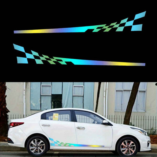 Pair of 196.09cm 'Racing Car Holographic Side Stripe Decals - Waterproof, Self-Adhesive Vinyl Stickers with Checkered Patterns for Vehicle Doors and Windows, Car