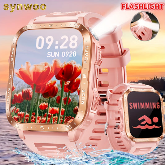 Montre connectée Synwoo pour femme, rose, à écran tactile, avec lampe torche LED