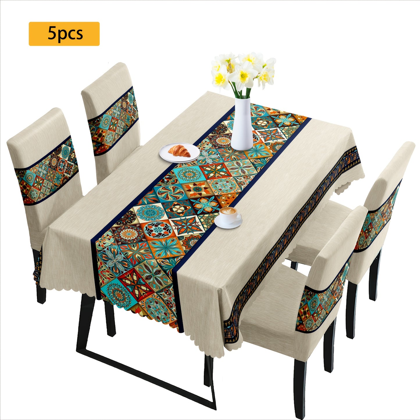 7 pièces Superbe ensemble de nappe rectangulaire + housse de chaise