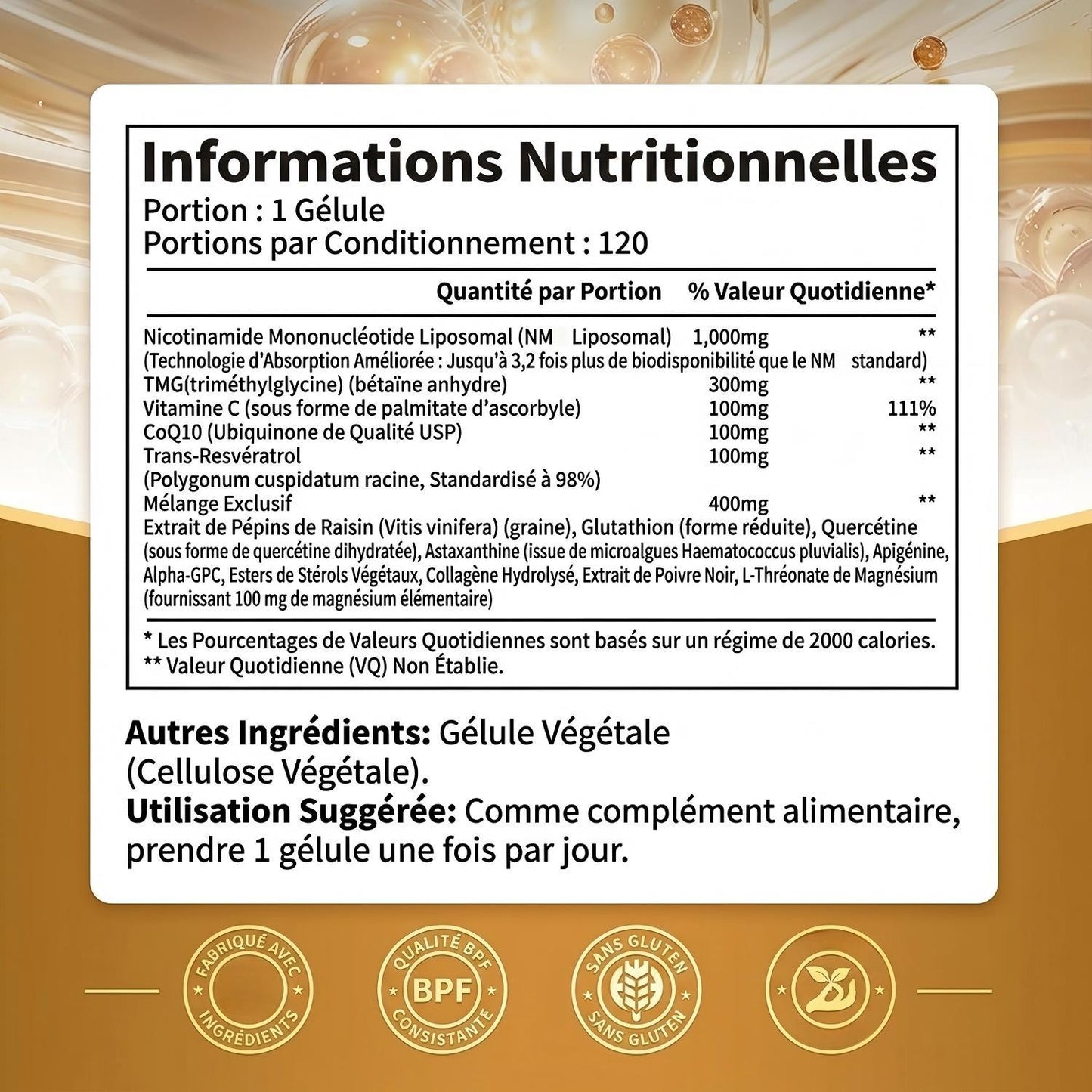 Complement Alimentaire NMN Liposome 15-en-1 1000mg Collagene NAD+ CoQ10 Resveratrol 120 Jours