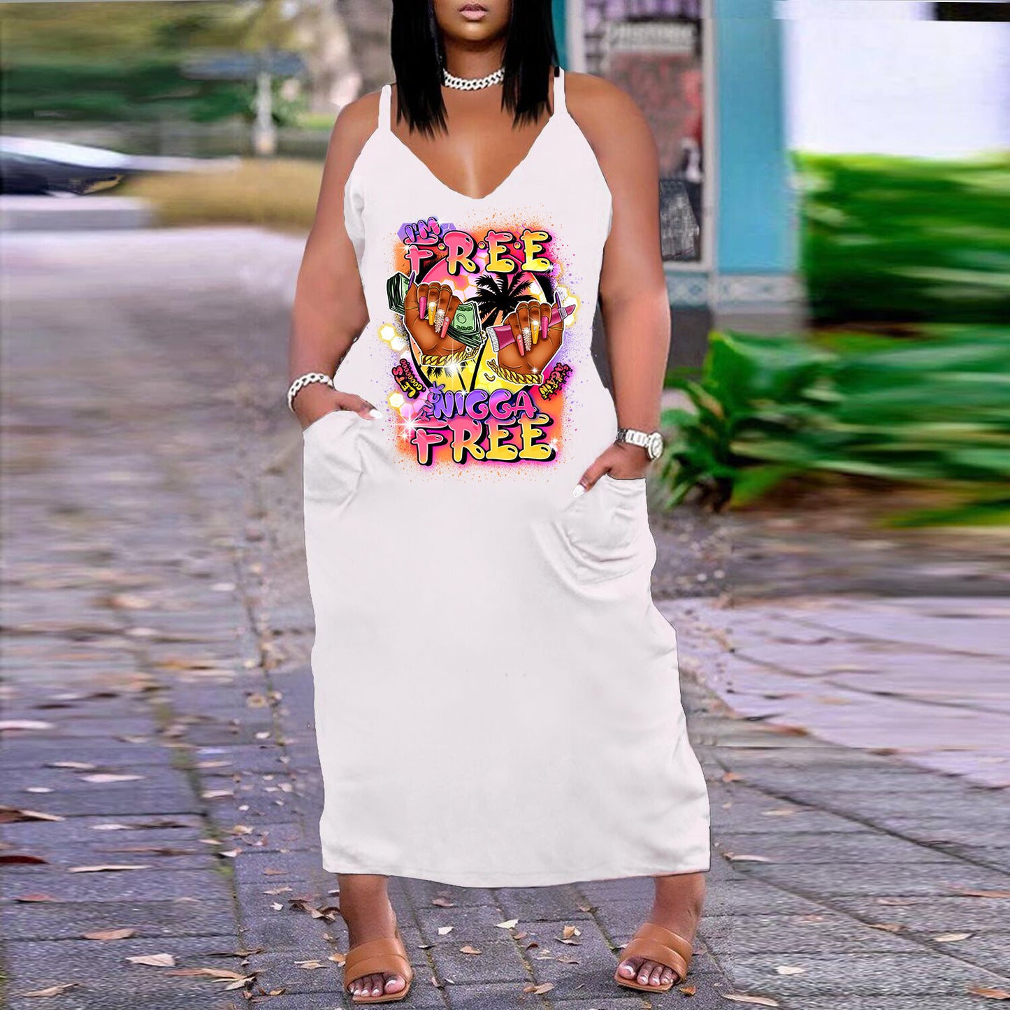 Robe imprimée sexy à col en V, coupe ample et ajustée, grande taille, style européen et américain