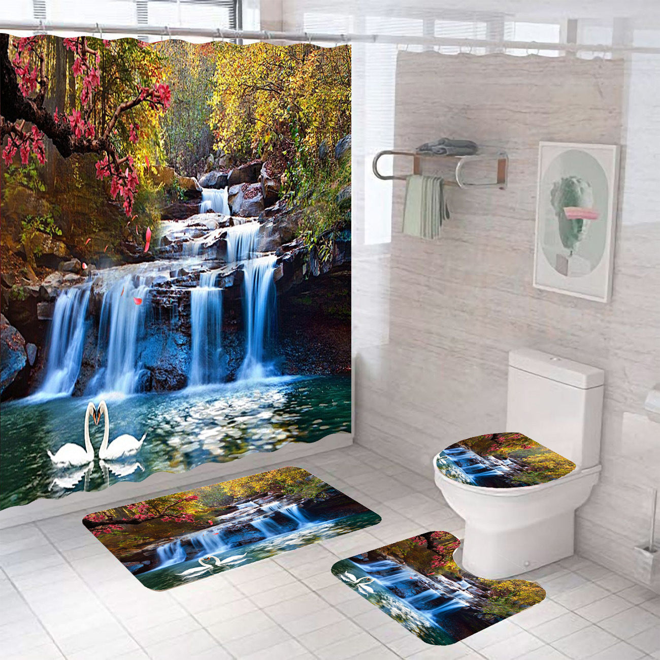 Rideau de douche de salle de bain avec tapis de sol et imprimé