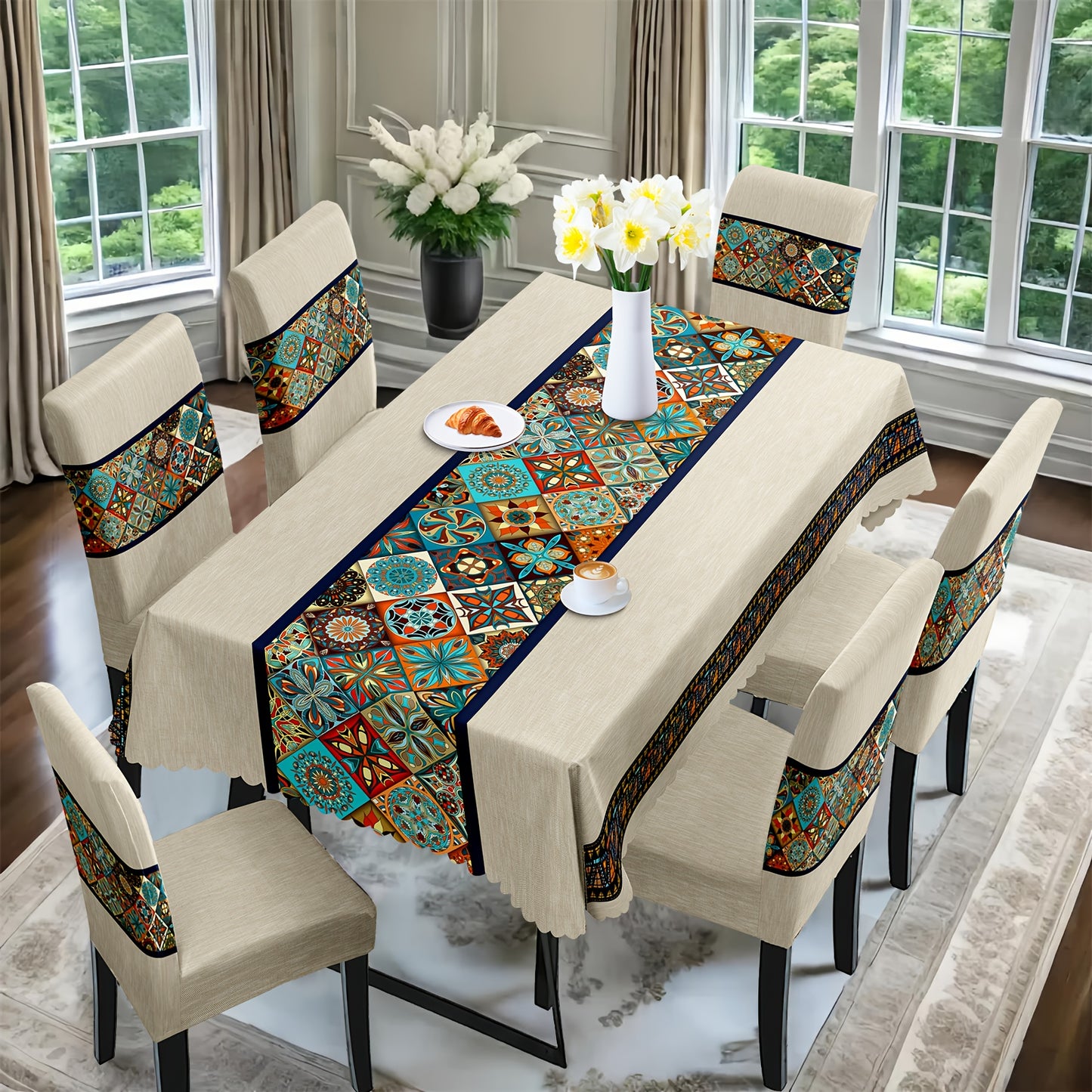 7 pièces Superbe ensemble de nappe rectangulaire + housse de chaise