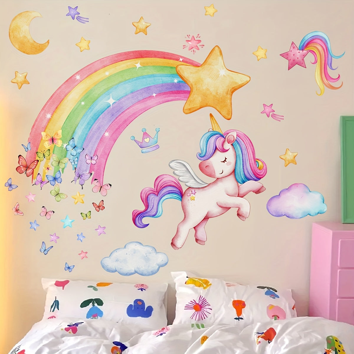 1pc Whimsical Rainbow Unicorn & Butterfly Wall Decals - Vibrant, Self-Adhesive Bedroom Stickers, Easy to Apply, No Power Needed, Perfect for Girls' Room Decor - Topdecheztop.fr