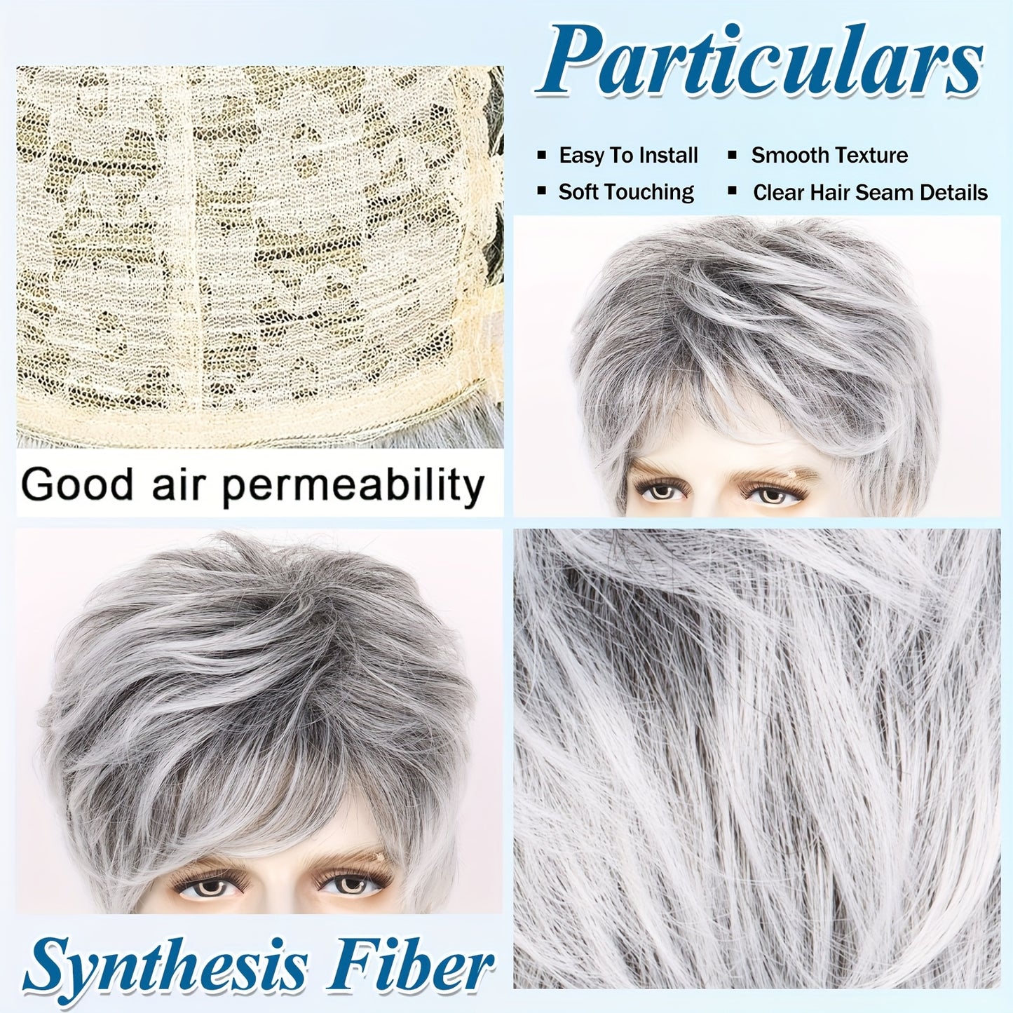 Perruque courte gris argenté pour homme, en fibres synthétiques