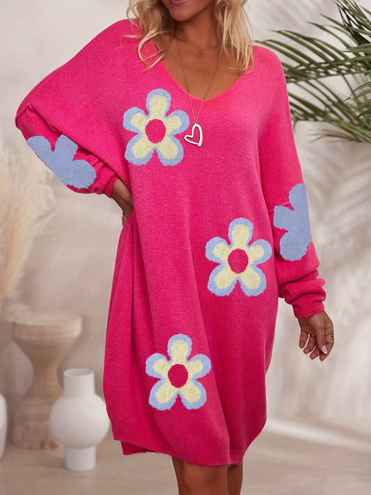 Robe en maille à motifs floraux grande taille, robe décontractée
