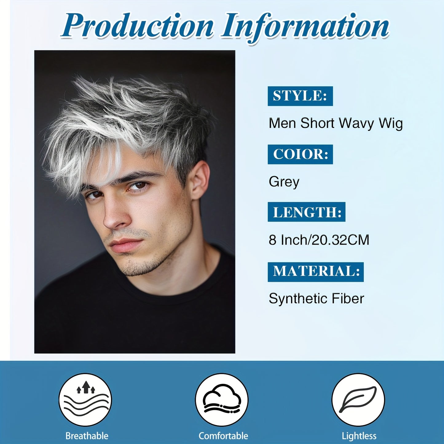 Perruque courte gris argenté pour homme, en fibres synthétiques