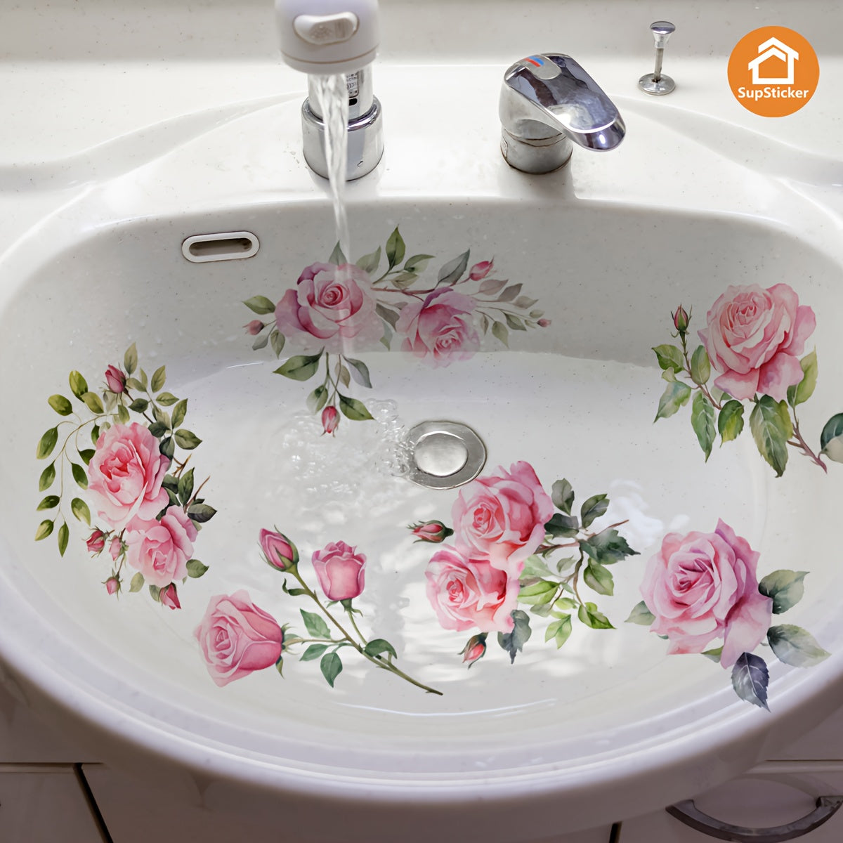 Sticker de baignoire autocollant à motif floral rose