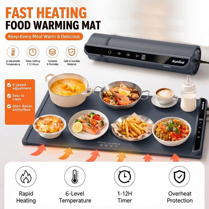 Plaque Chauffante Alimentaire, Chauffage Rapide, 3 Niveaux de Réglage, avec Minuteur et Écran LED, Pliable pour le Rangement, Plateau Chauffant Électrique, Coussin de Conservation des Aliments, Essentiel pour la Cuisine, Idéal pour les Réunions de Famille, les Fêtes et comme Cadeaux de Fêtes