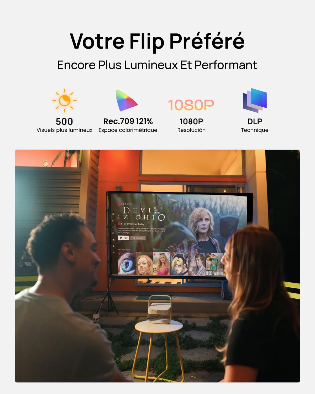 Vidéoprojecteur Portable XGIMI Elfin Flip Plus, 500 Lumens ISO, 1080P, Compatible avec Google TV avec Netflix sous Licence, Rotation à 150°, 2 x Haut-Parleur 3 W intégrés, Wi-FI, Bluetooth