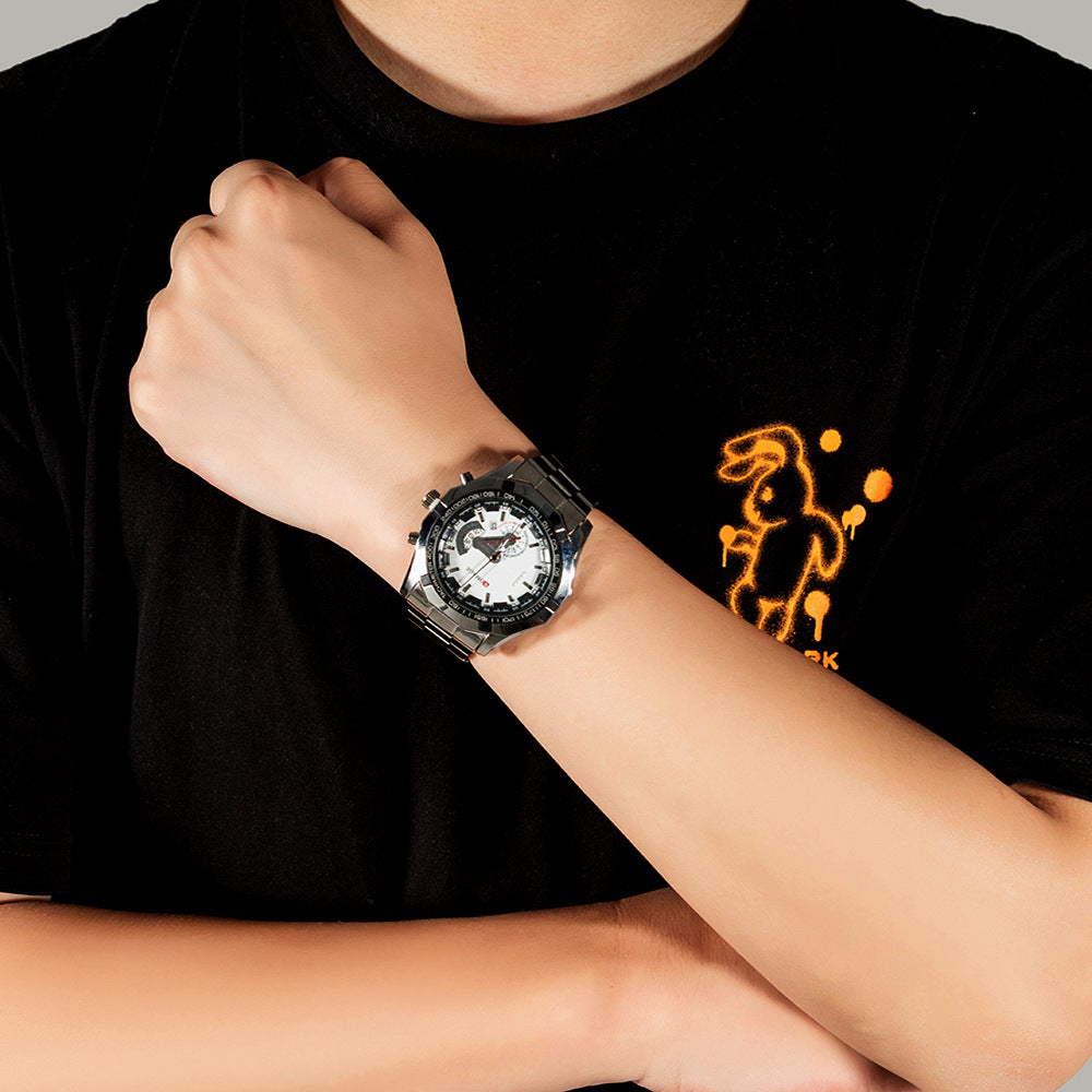 Montre à quartz avec calendrier et bracelet en acier, boutons de manchette en acier inoxydable, stylo