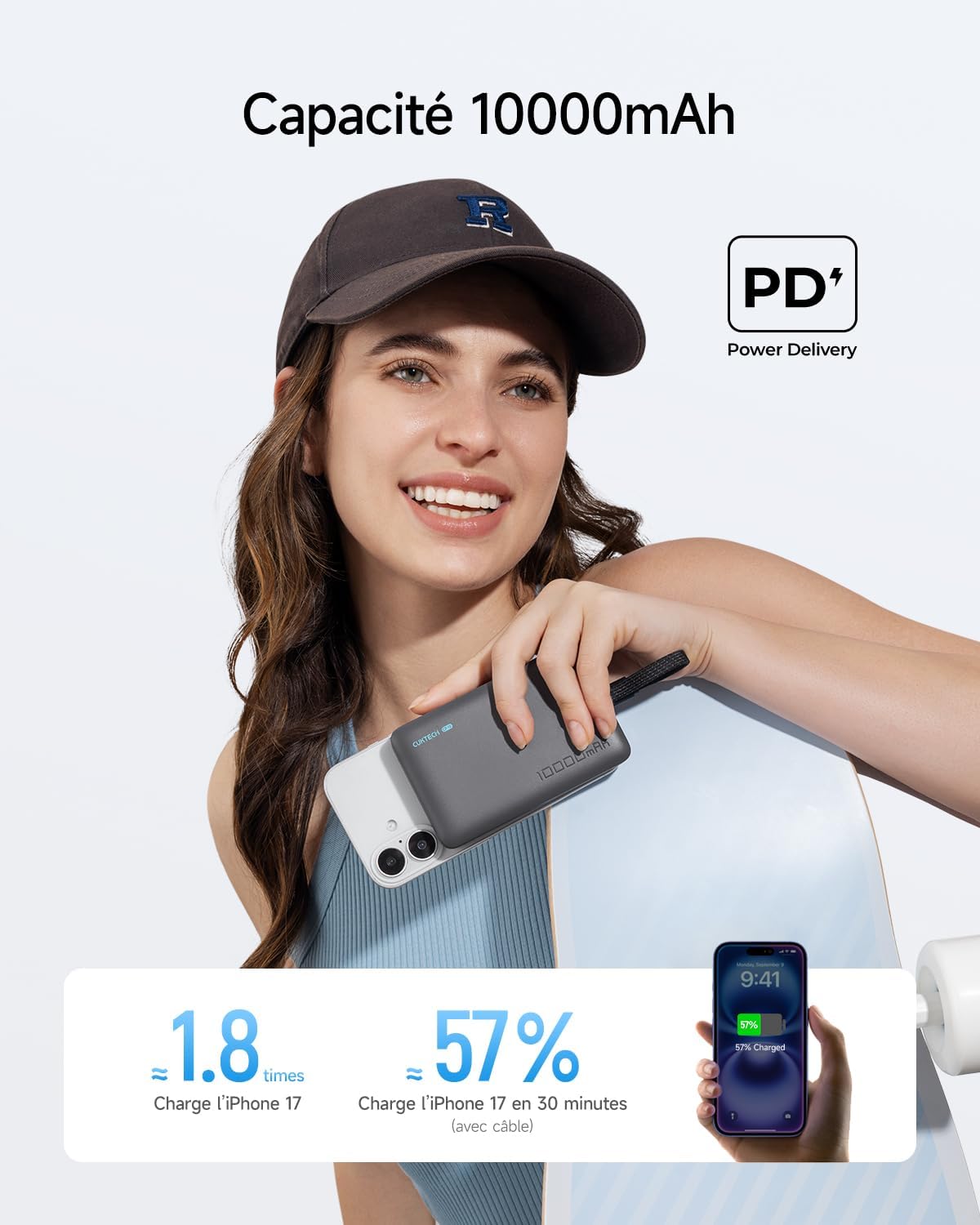 CUKTECH CP12 Batterie Externe Magnétique 10000mAh avec Câble Intégré USB C, Power Bank Portable Charge Rapide 22.5W Filaire et 7.5W sans Fil MagSafe pour iPhone 16/15/14/13/12, Samsung, AirPods