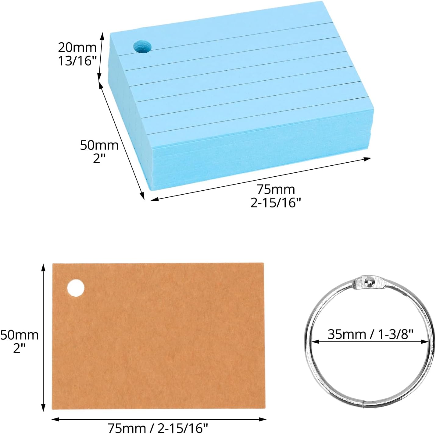 QWORK® 500 Pièces feuille bristol A8, flash card avec anneaux de liaison, 75x45mm cartes de vocabulaire, cartes d'apprentissage