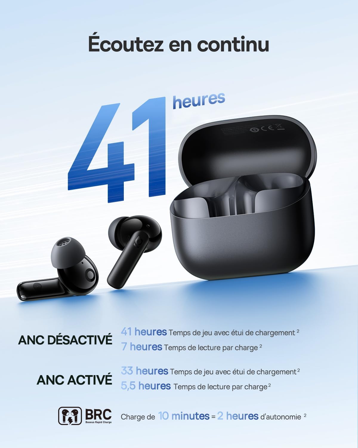 Baseus EP10 NC Écouteurs Bluetooth sans Fil, Ecouteurs sans Fil avec Réduction de Bruit Actif à -43dB, 24 Modes EQ, Conducteurs 12mm, SuperBass, 4-Mic AI pour Appels Clairs, IP55, 41H, Bluetooth 6.0