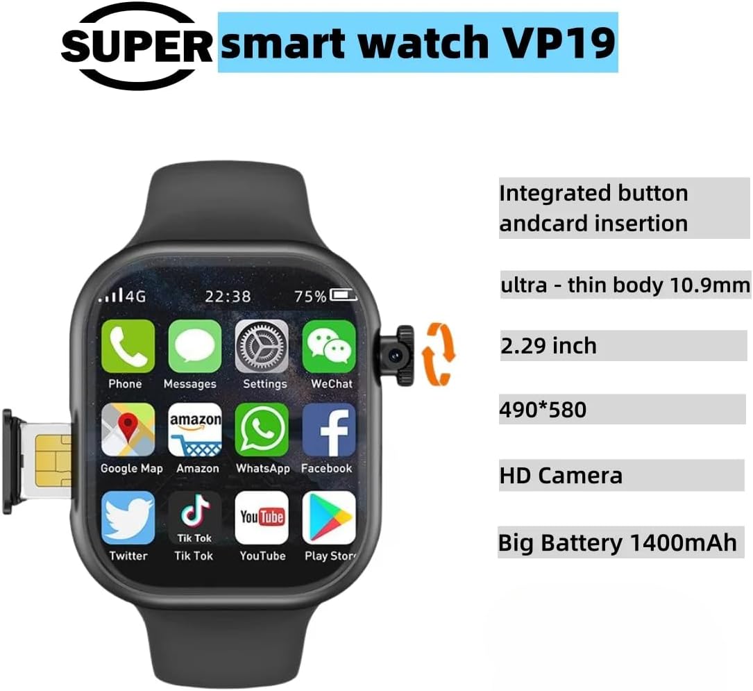 Montre intelligente VP19 S10 originale avec carte SIM 4G, Android 10, 128 Go de ROM, caméra rotative à 190°, GPS, WIFI, écran AMOLED de 2,29 pouces pour adultes (Gris, 4 Go 128 Go)