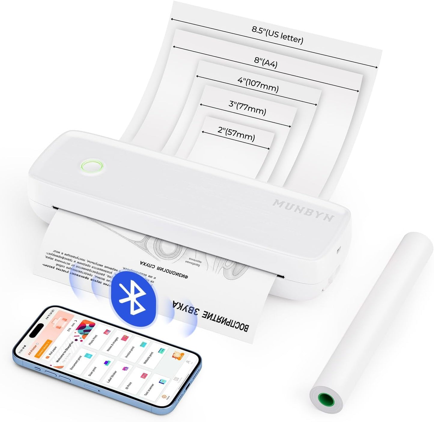 MUNBYN ITP04 Imprimante Thermique A4, Imprimante Portable sans Encre pour Le Voyage, Bluetooth Compatible avec Les Téléphones et Ordinateurs Portables Android et iOS, Blanc