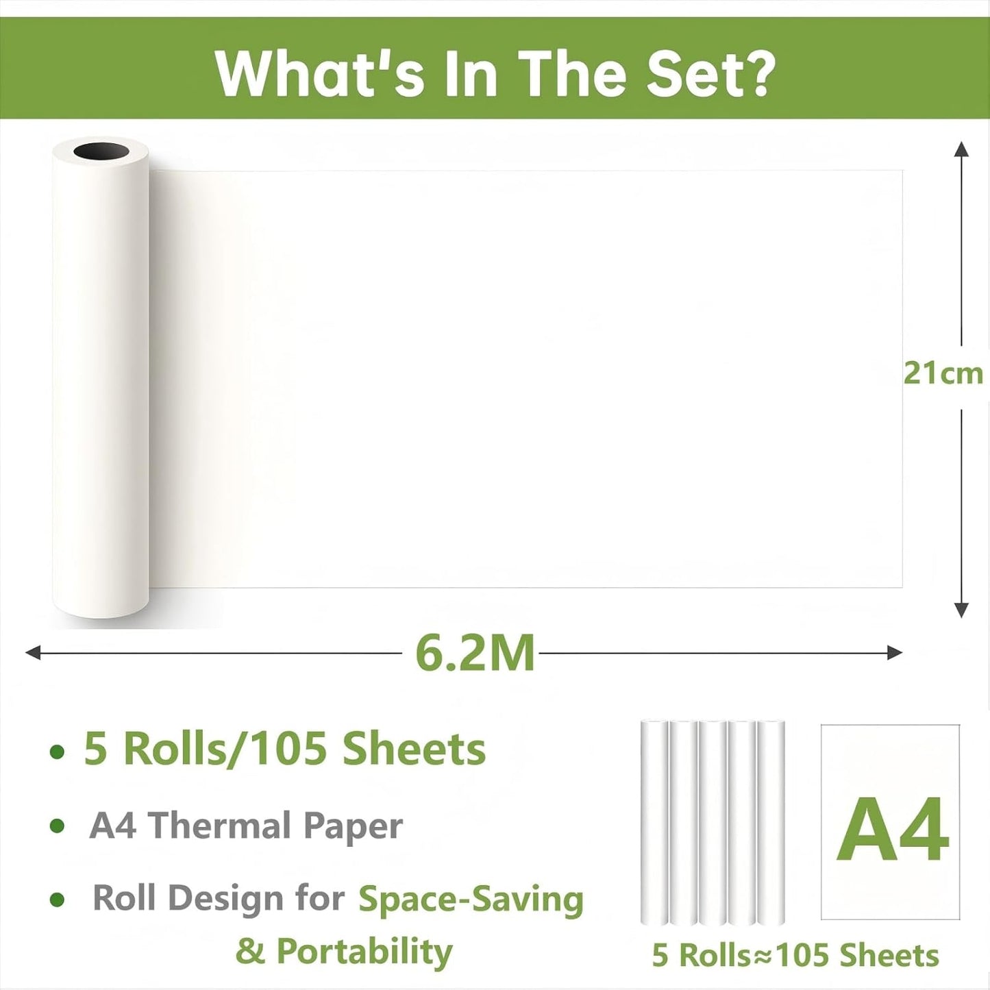 5 Rouleaux Papier Thermique A4, Papier Imprimante Thermique, Papier Thermique Blanc, Sans BPA, Séchage Rapide, pour Impression de Documents, Photos et Pages Web, 21cm x 6.2m, 21 Feuilles/Rouleau