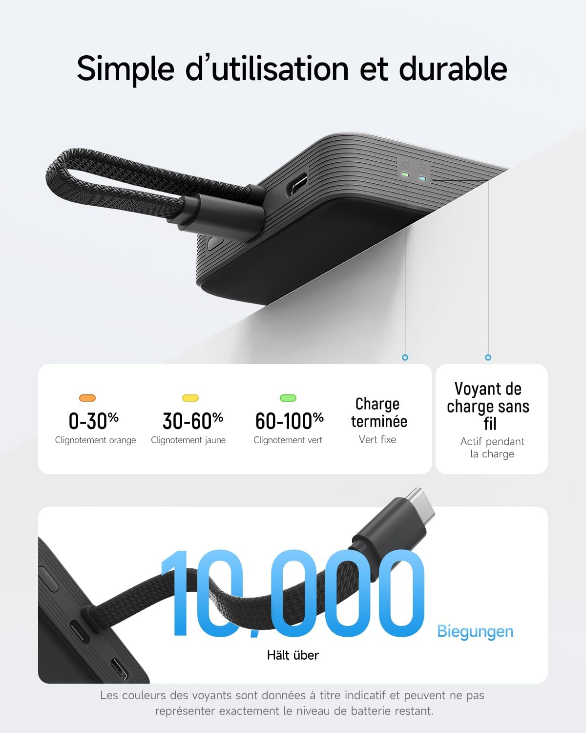 CUKTECH CP12 Batterie Externe Magnétique 10000mAh avec Câble Intégré USB C, Power Bank Portable Charge Rapide 22.5W Filaire et 7.5W sans Fil MagSafe pour iPhone 16/15/14/13/12, Samsung, AirPods