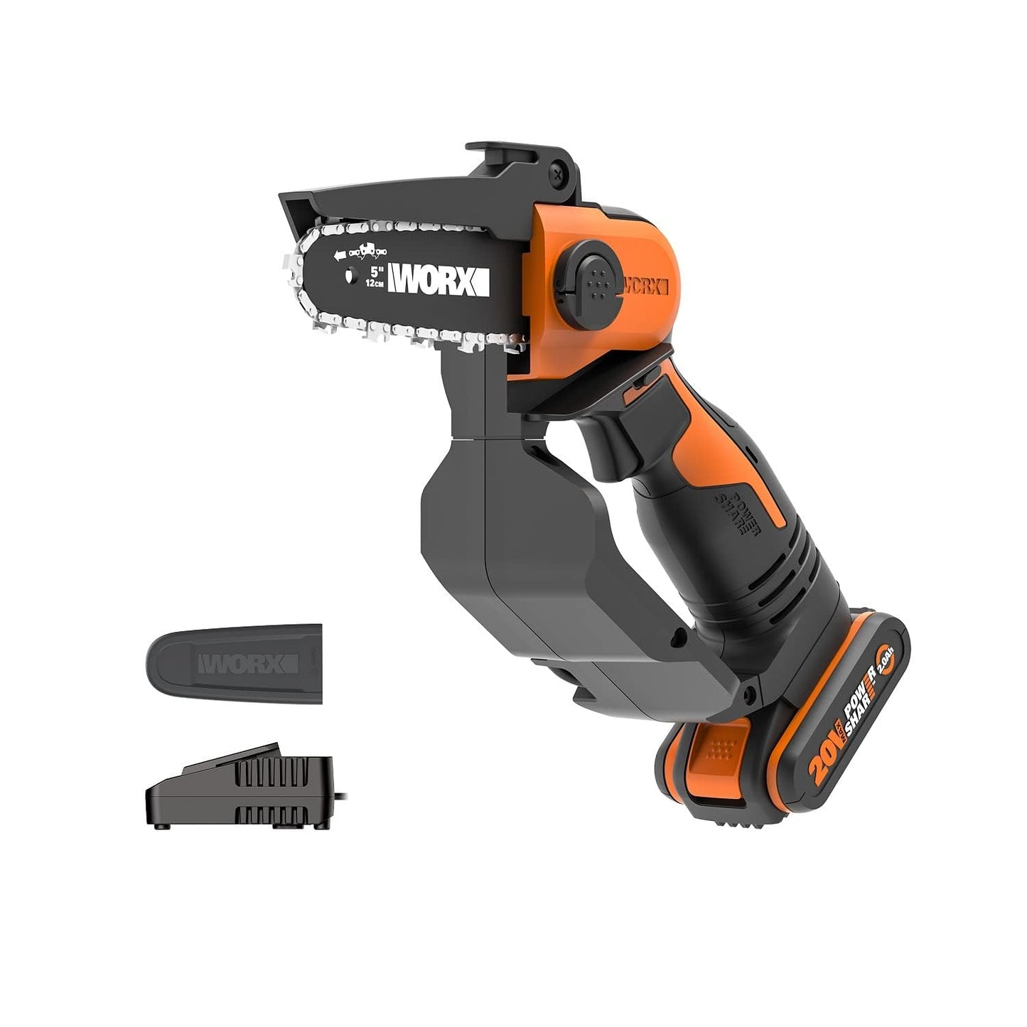 WORX Élagueuse, Tronçonneuse à Chaîne sans Fil 20V WG329E.9, Guide de 15 cm, Tension et Lubrification Automatiques, Assure des Coupes en toute Sécurité au Sol, Livrée sans batterie ni chargeur