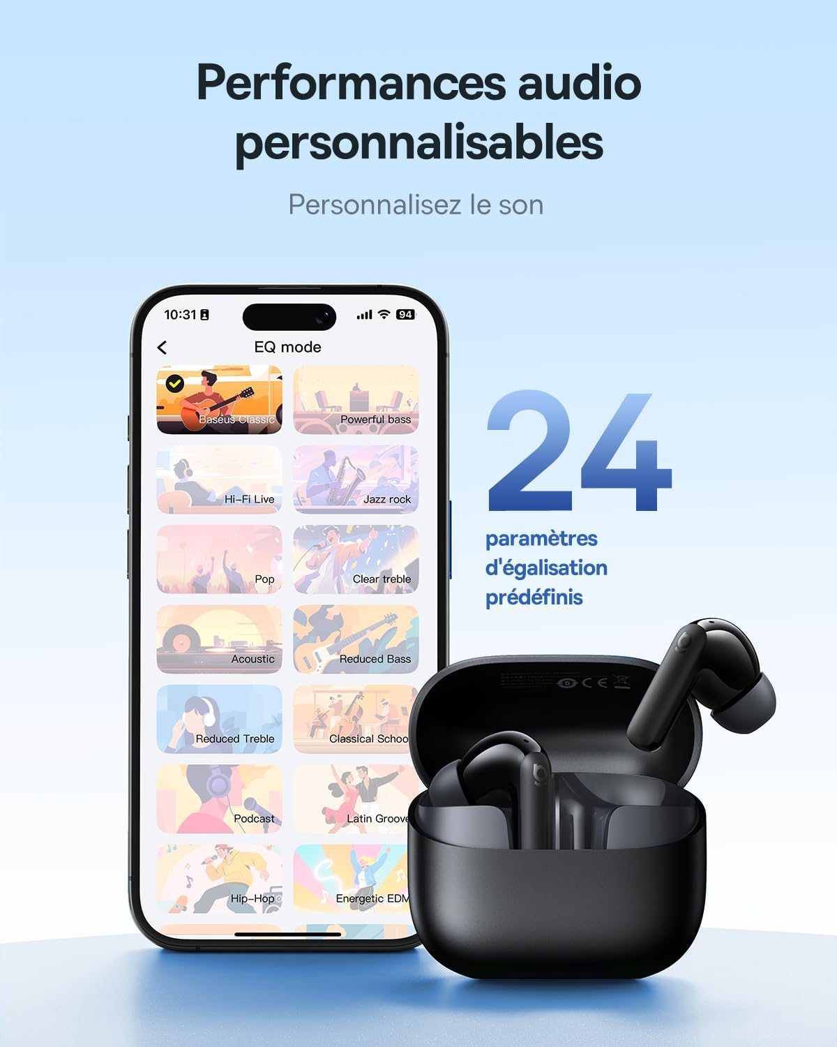 Baseus EP10 NC Écouteurs Bluetooth sans Fil, Ecouteurs sans Fil avec Réduction de Bruit Actif à -43dB, 24 Modes EQ, Conducteurs 12mm, SuperBass, 4-Mic AI pour Appels Clairs, IP55, 41H, Bluetooth 6.0