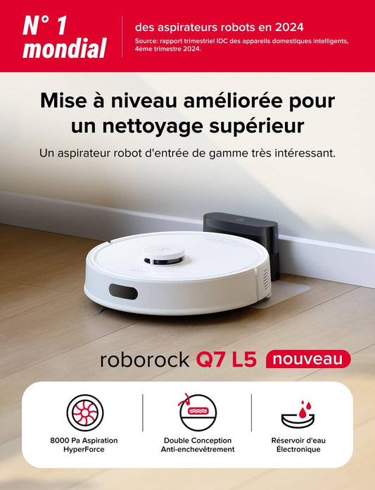 roborock Q7 L5 Aspirateur Robot, 8000 Pa Aspiration HyperForce, Double Anti-emmêlement, Navigation LiDAR Précise, Zone Interdite Intelligente, Cartographie Multi-Niveaux, Recharge Auto, APP/Alexa