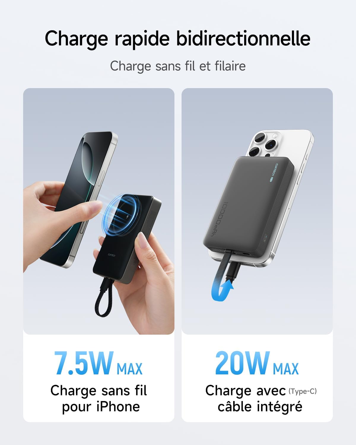CUKTECH CP12 Batterie Externe Magnétique 10000mAh avec Câble Intégré USB C, Power Bank Portable Charge Rapide 22.5W Filaire et 7.5W sans Fil MagSafe pour iPhone 16/15/14/13/12, Samsung, AirPods