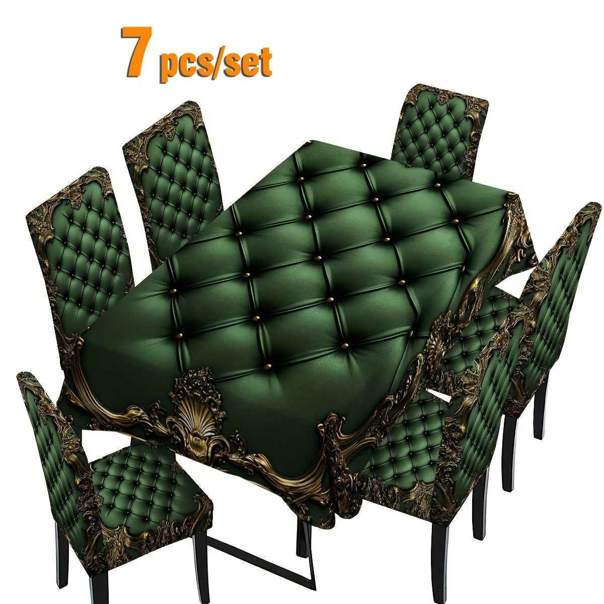 , 5/7pcs Gorgeous High-End Diamond Leather Three-Dimensional Golden Carved Border Pattern Printed Rectangular Tablecloth + Chair Cover Set, All-Polyester Peach Skin Fabric Tablecloth, Removable Chair Cover, Suitable for Famil