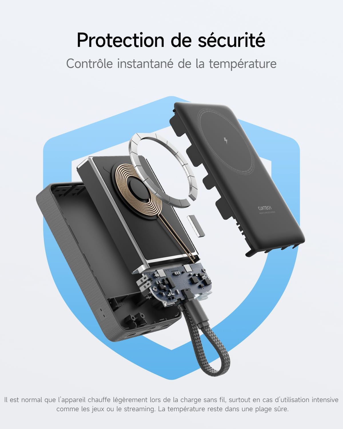 CUKTECH CP12 Batterie Externe Magnétique 10000mAh avec Câble Intégré USB C, Power Bank Portable Charge Rapide 22.5W Filaire et 7.5W sans Fil MagSafe pour iPhone 16/15/14/13/12, Samsung, AirPods