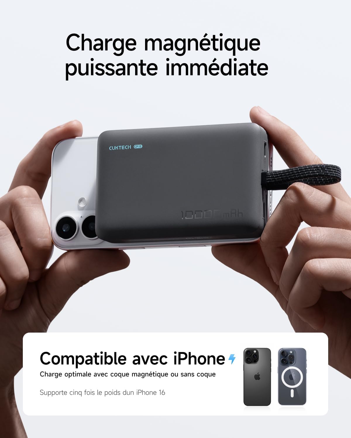 CUKTECH CP12 Batterie Externe Magnétique 10000mAh avec Câble Intégré USB C, Power Bank Portable Charge Rapide 22.5W Filaire et 7.5W sans Fil MagSafe pour iPhone 16/15/14/13/12, Samsung, AirPods