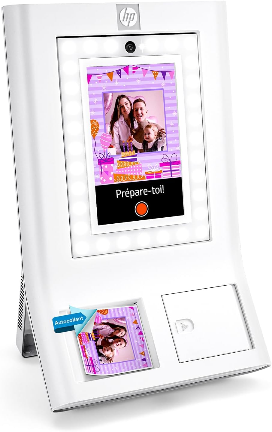 HP Sprocket Photobooth Imprimante instantanée 3x4” (Blanc) – 250+ Cadres, Impression sur Papier Zink, Wi-FI, Anneau LED, écran Tactile & appli.