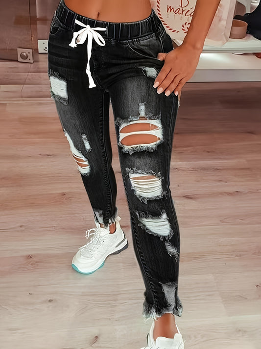 Pantalon en jean pour femme, taille élastique avec cordon de serrage, déchiré