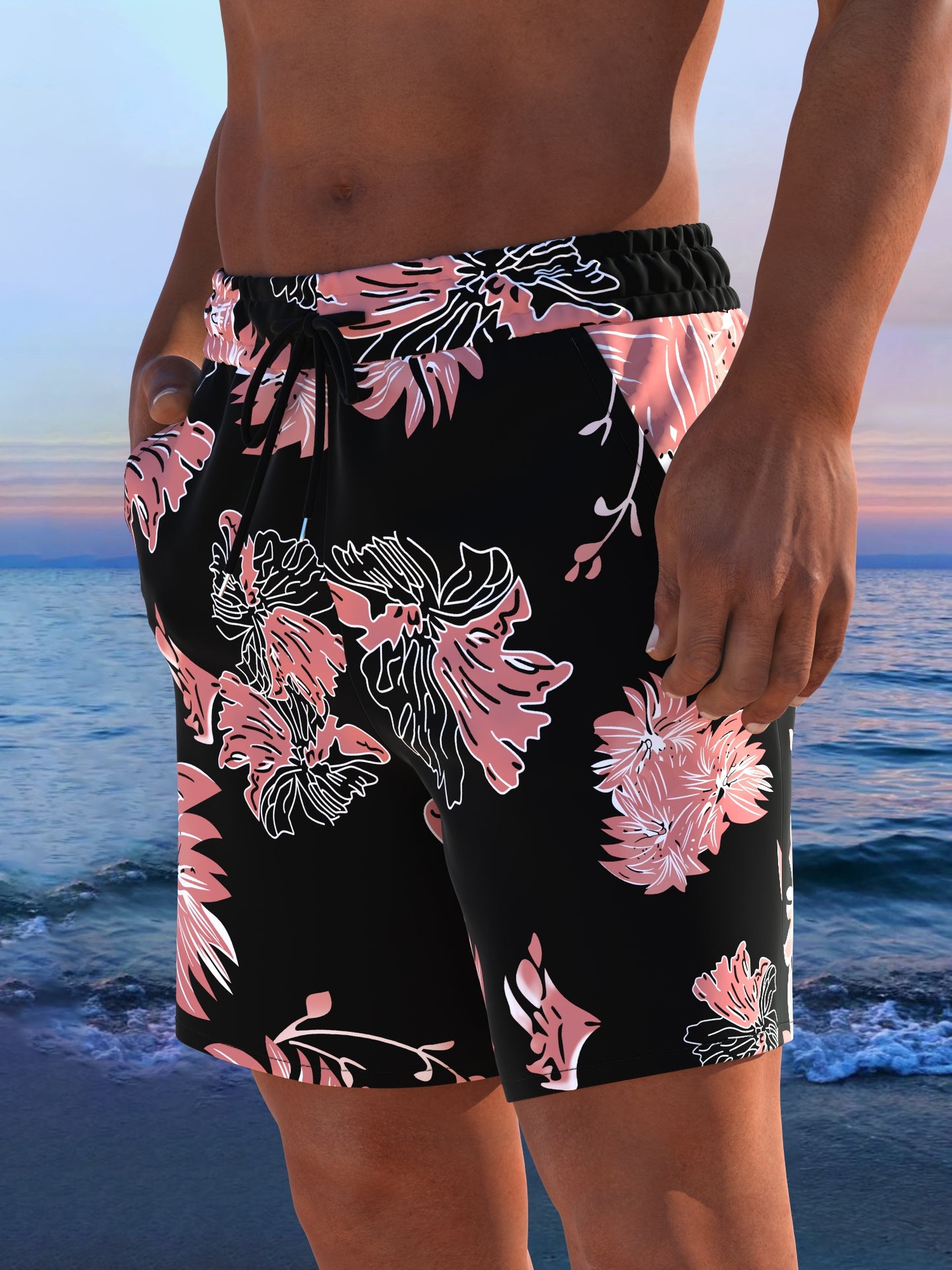 Short de plage pour homme à imprimé tropical avec cordon de serrage ajustable
