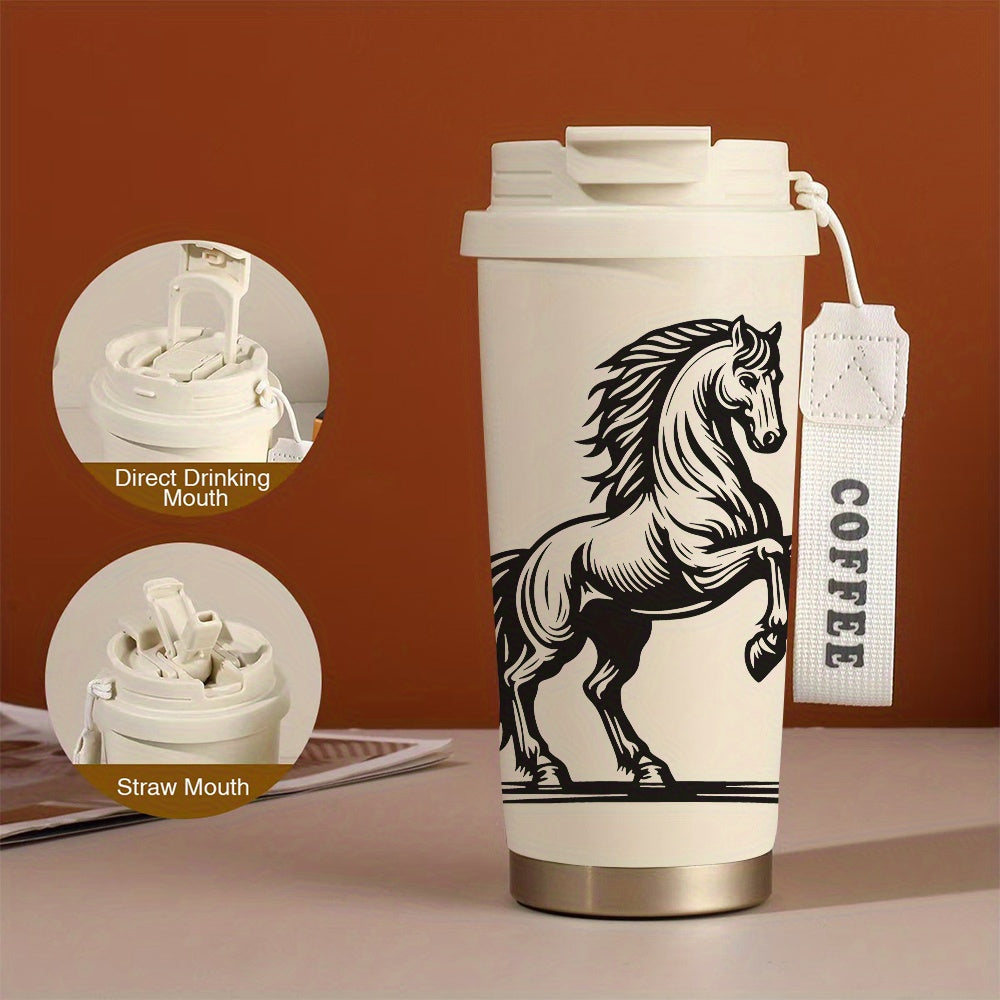Mug élégant à motif cheval au galop (1 pièce) - Tasse à café isotherme à double paroi en acier inoxydable 316 de 500 ml avec couvercle étanche