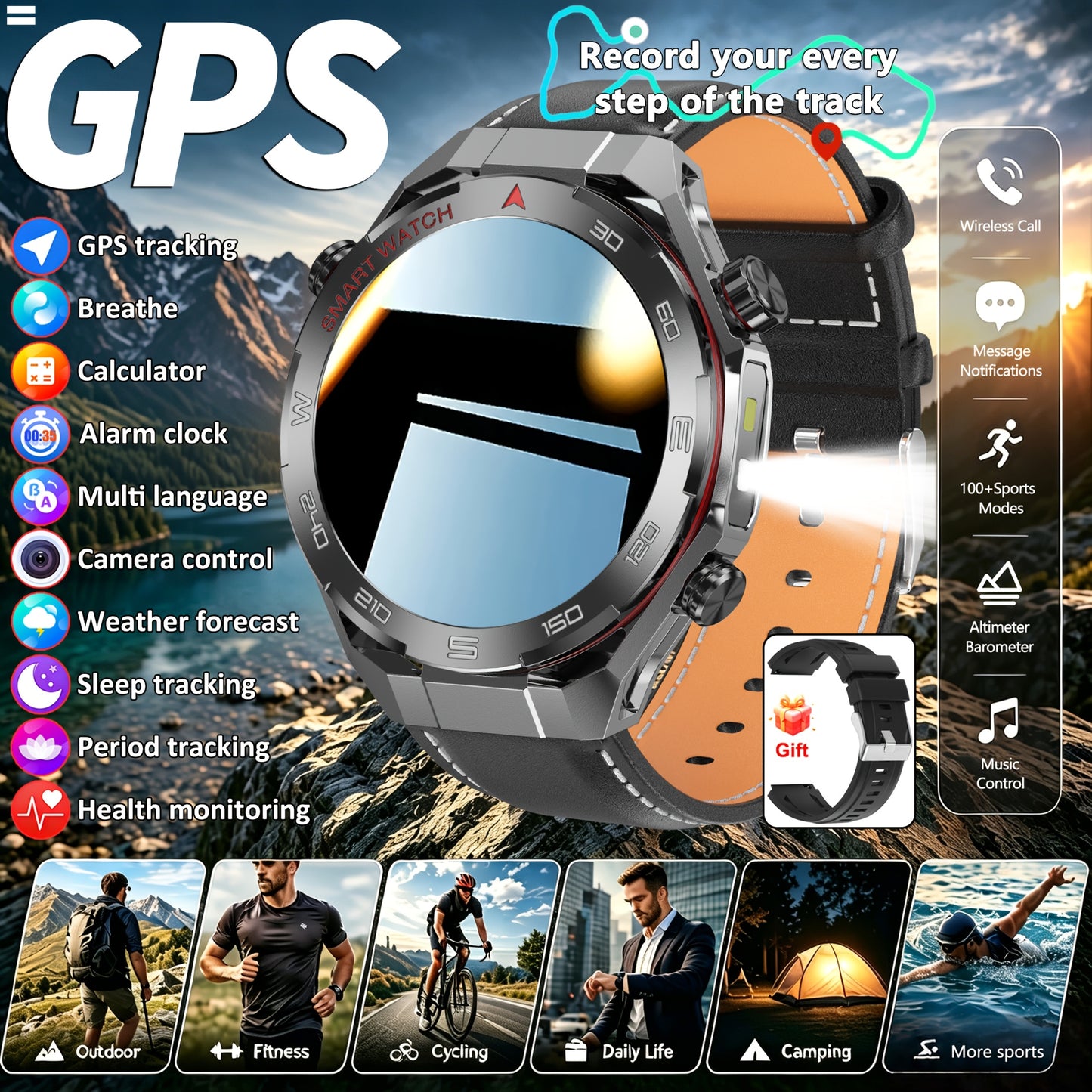 Montre Connectee Sport Homme GPS Integre - Ecran IPS HD 1.5 Pouces, Lampe Torche LED, Altimetre, Bluetooth 5.0