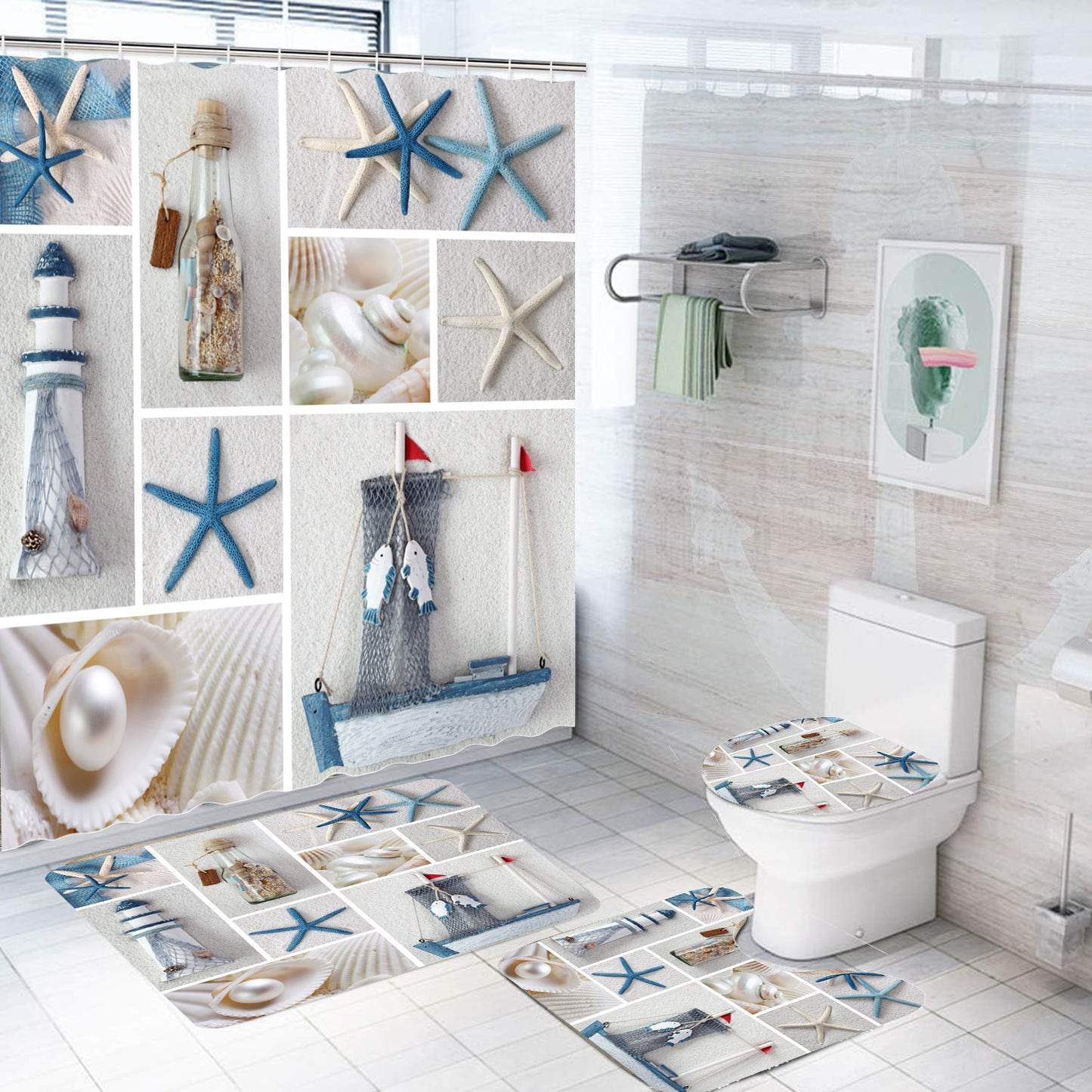 Rideau de douche de salle de bain avec tapis de sol et imprimé