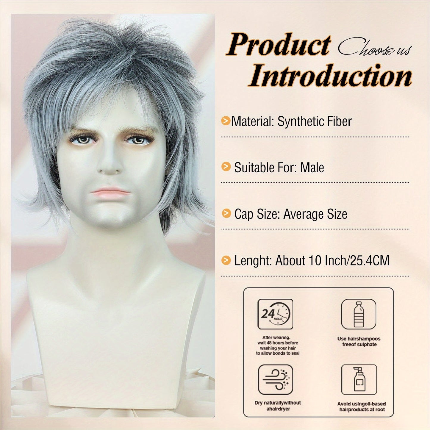 Perruque courte ondulée grise pour homme