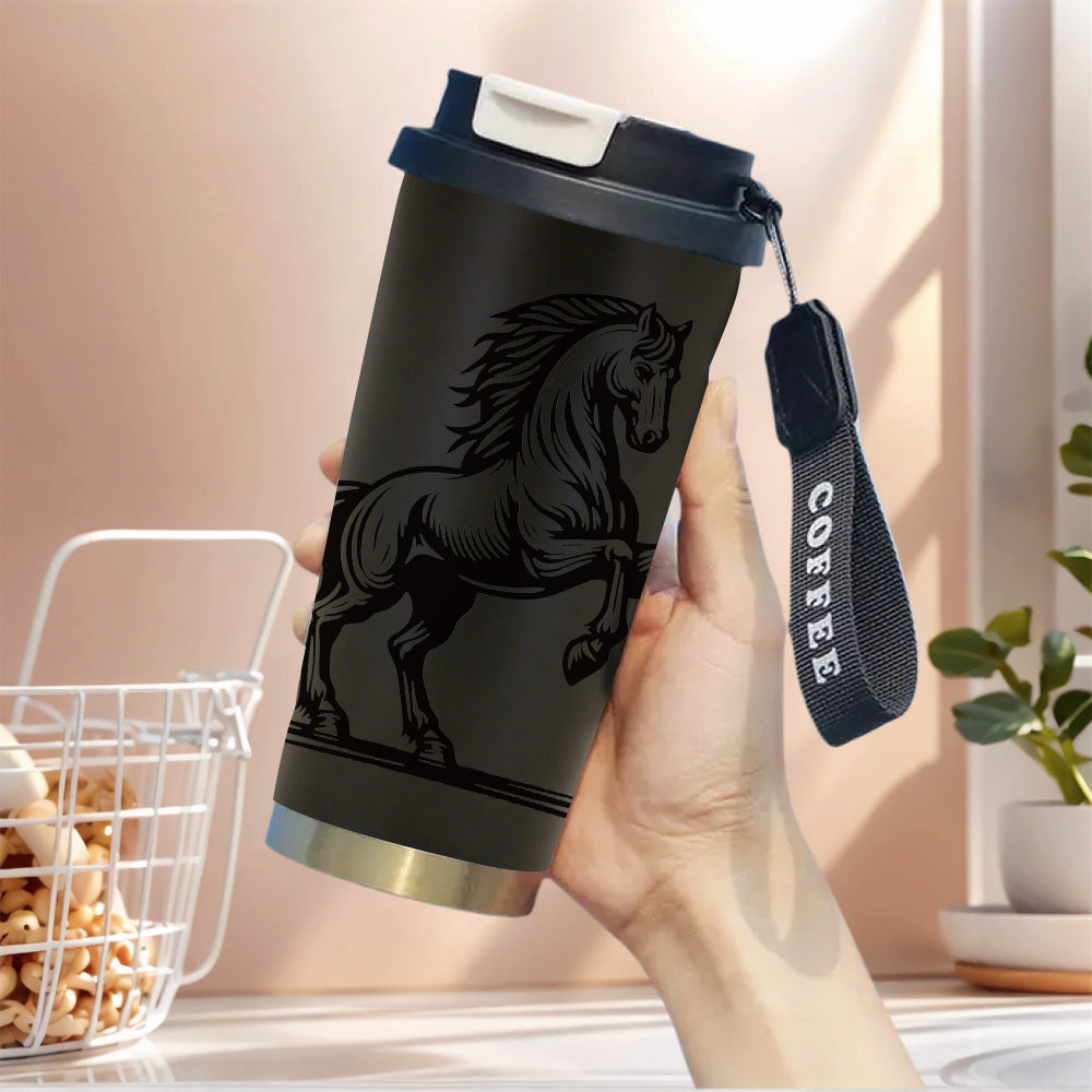 Mug élégant à motif cheval au galop (1 pièce) - Tasse à café isotherme à double paroi en acier inoxydable 316 de 500 ml avec couvercle étanche