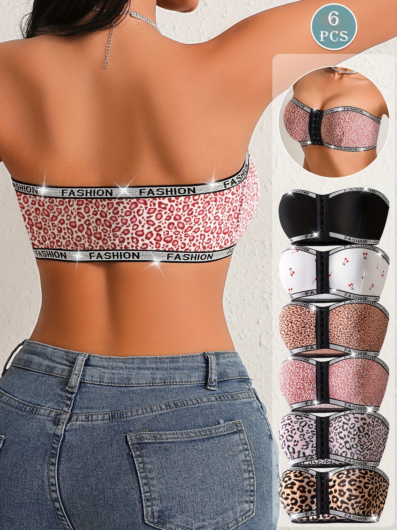 Ensemble de 6 soutiens-gorge sans bretelles à imprimé léopard