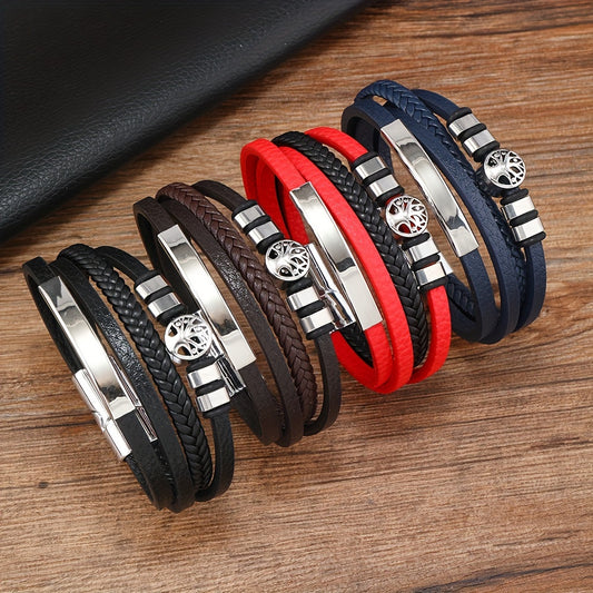 Bracelet tendance en cuir synthétique tissé multicouche