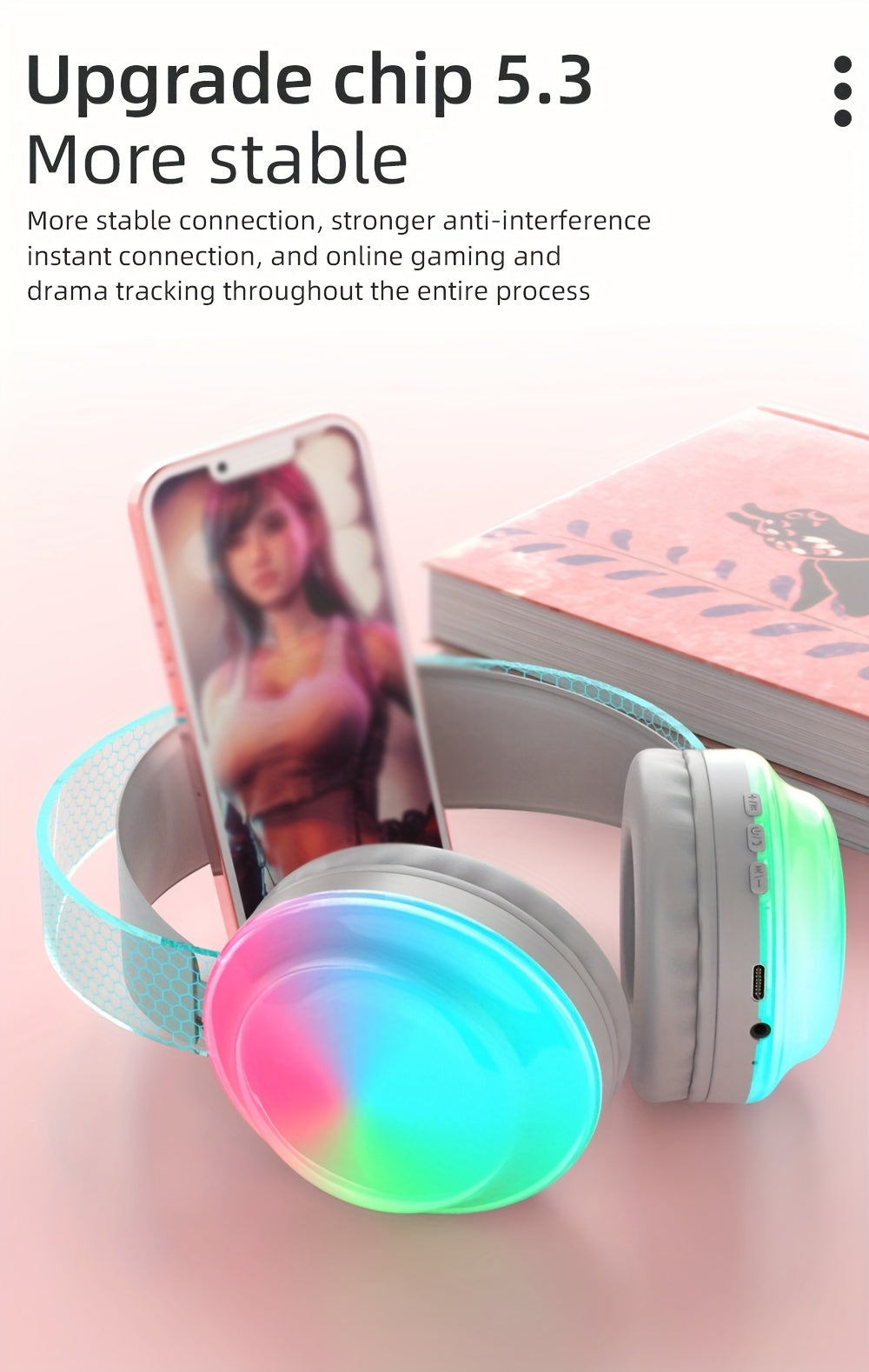 Casque sans fil léger 5.3 + EDR, casque circum-aural sans fil avec micro et lumières