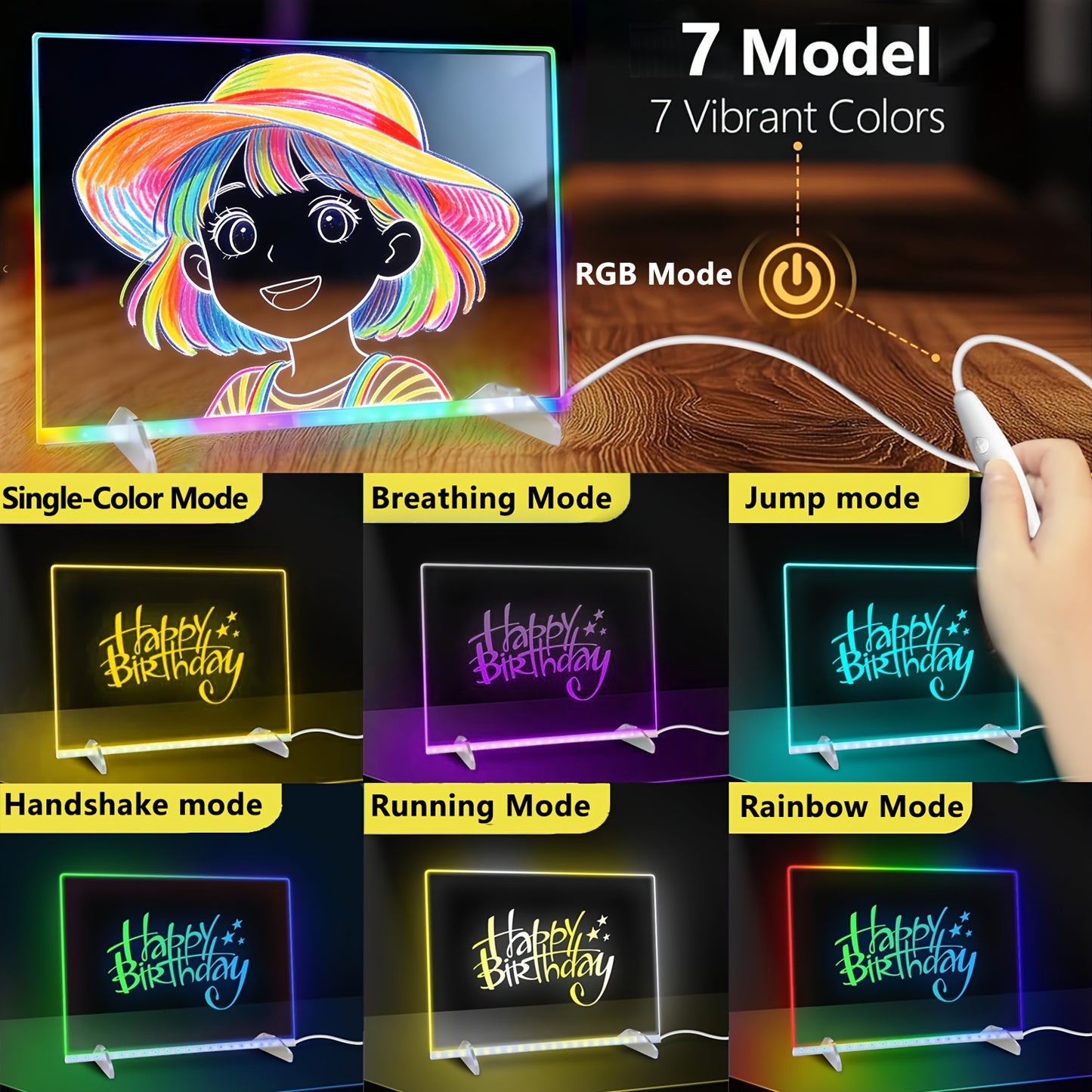 Tableau à dessin LED RGB | Alimentation USB, 7 modes et 7 couleurs réglables, résistant aux rayures, facile à nettoyer, plusieurs tailles disponibles