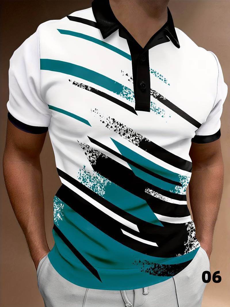 Pull à revers imprimé numérique 3D, manches courtes, style décontracté