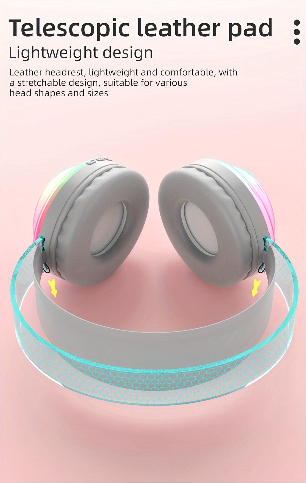 Casque sans fil léger 5.3 + EDR, casque circum-aural sans fil avec micro et lumières