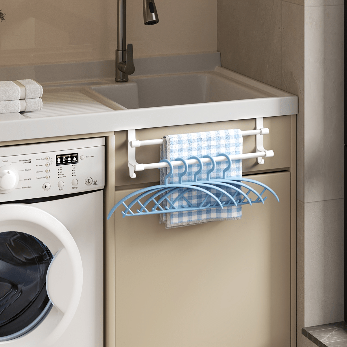 [2 tailles disponibles] 1 pc Porte-serviettes sur porte de meuble, barre double en acier inoxydable avec crochets latéraux, barre à serviettes de cuisine sans perçage, pour porte de meuble, organiser torchons, gants, outils de nettoyage, 2 tailles disponibles