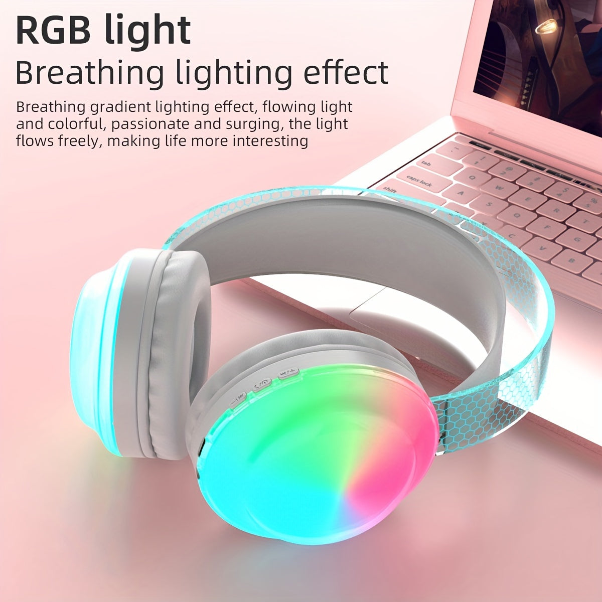 Casque sans fil léger 5.3 + EDR, casque circum-aural sans fil avec micro et lumières